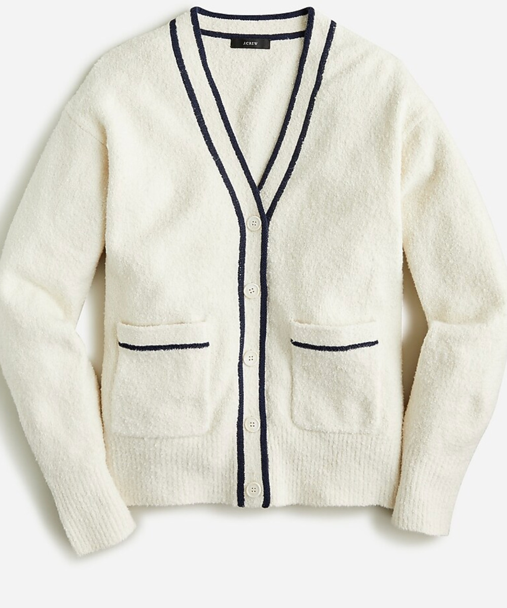 J Crew Boucle V Neck Cardigan Sweater XS White Navy Blue Tennis Prep BJ599